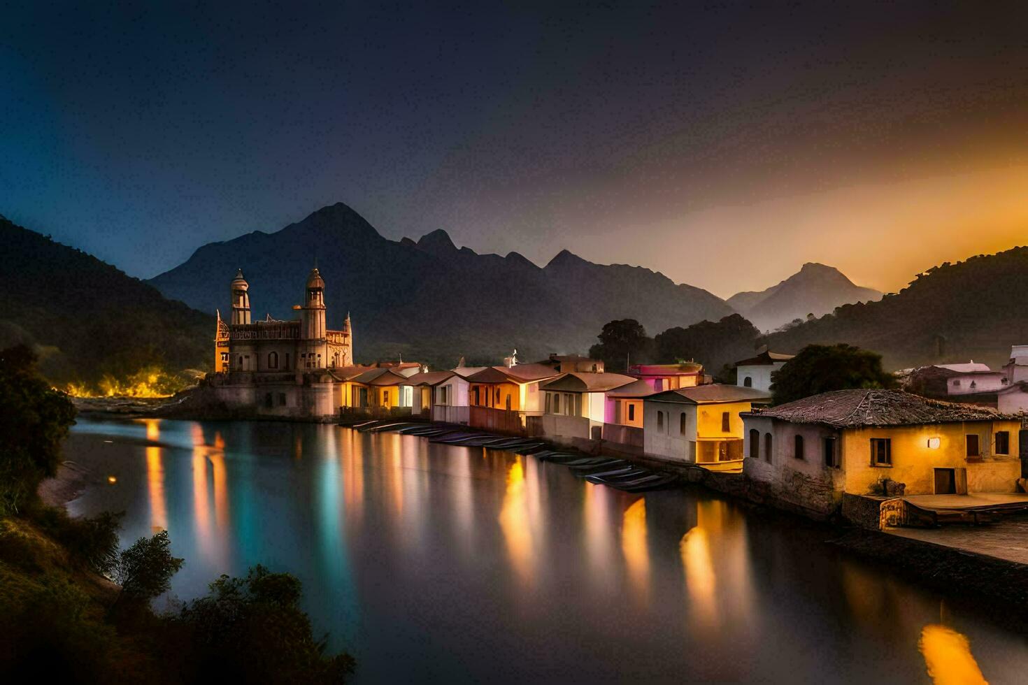 foto fondo de pantalla el cielo, agua, montañas, el ciudad, el río, el puente, el. generado por ai