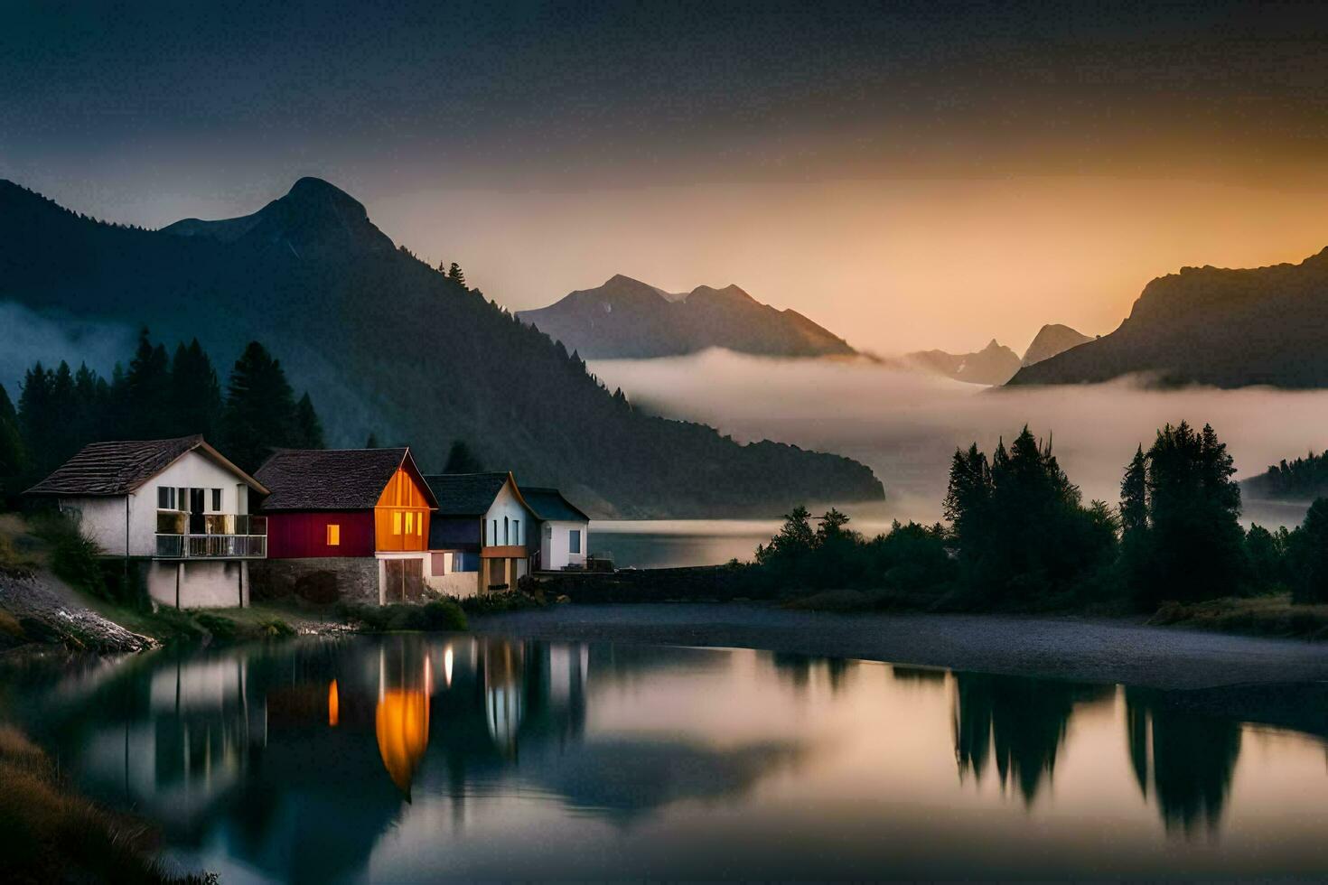 photo wallpaper the sky, mountains, fog, lake, house, the mountains, the lake,. AI-Generated