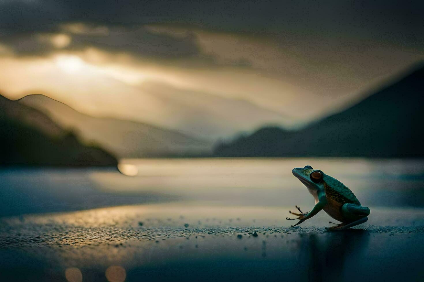 a frog sitting on the edge of a lake at sunset. AI-Generated photo