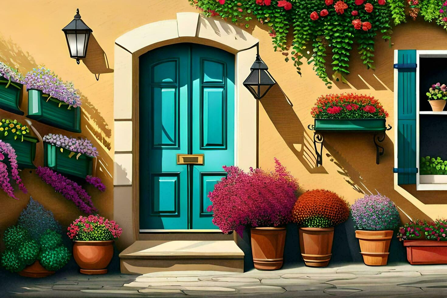 un pintura de un casa con flores y un azul puerta. generado por ai foto