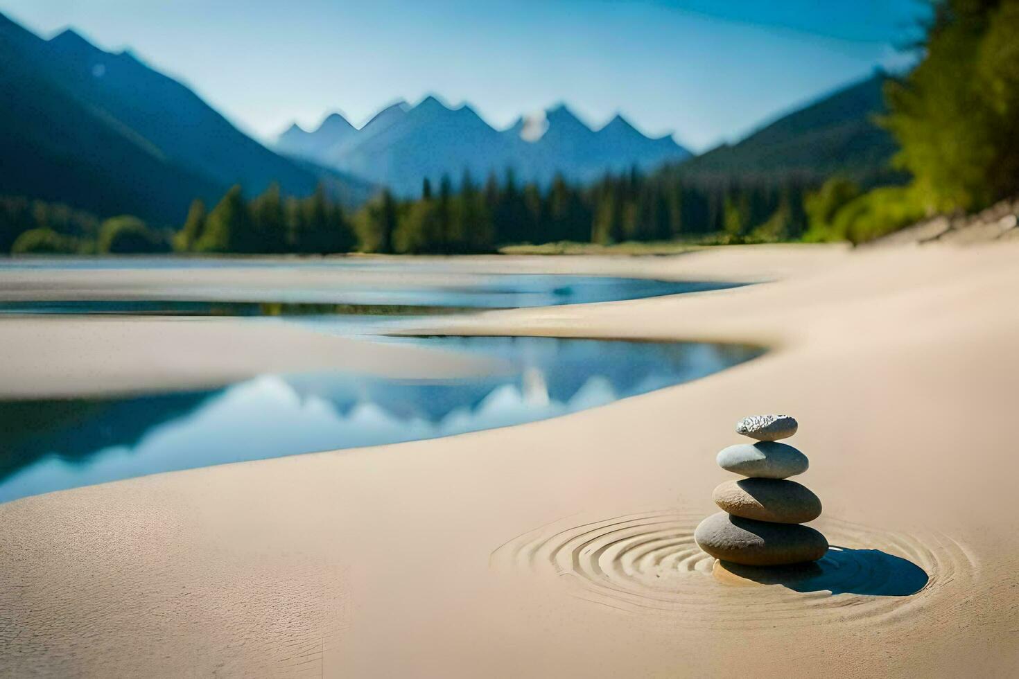 a stack of stones on the sand by a lake. AI-Generated photo