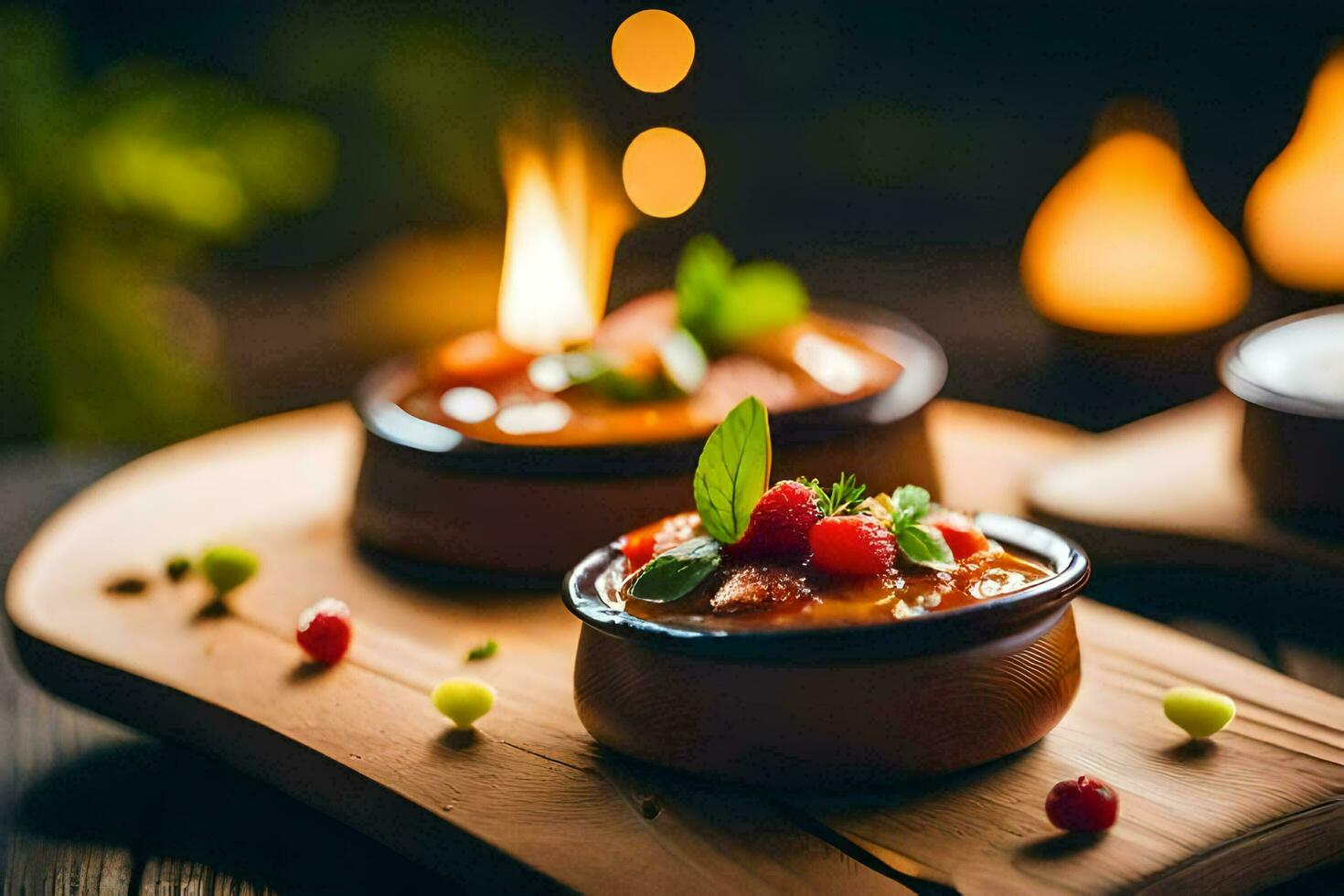 Tres bochas de comida en un de madera mesa. generado por ai foto