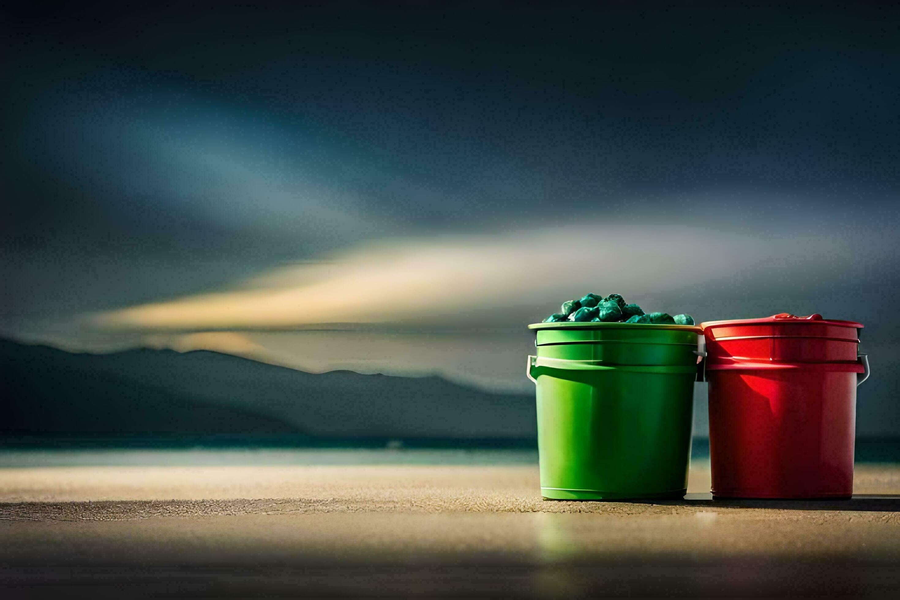 two buckets of water sit on the beach. AIGenerated 34296174 Stock