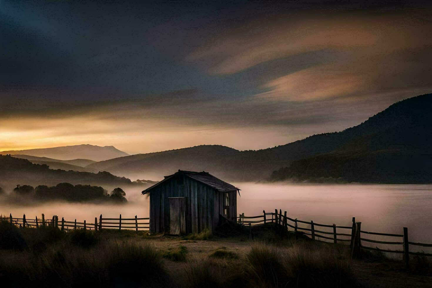 a small shack sits on the edge of a lake at sunset. AI-Generated photo