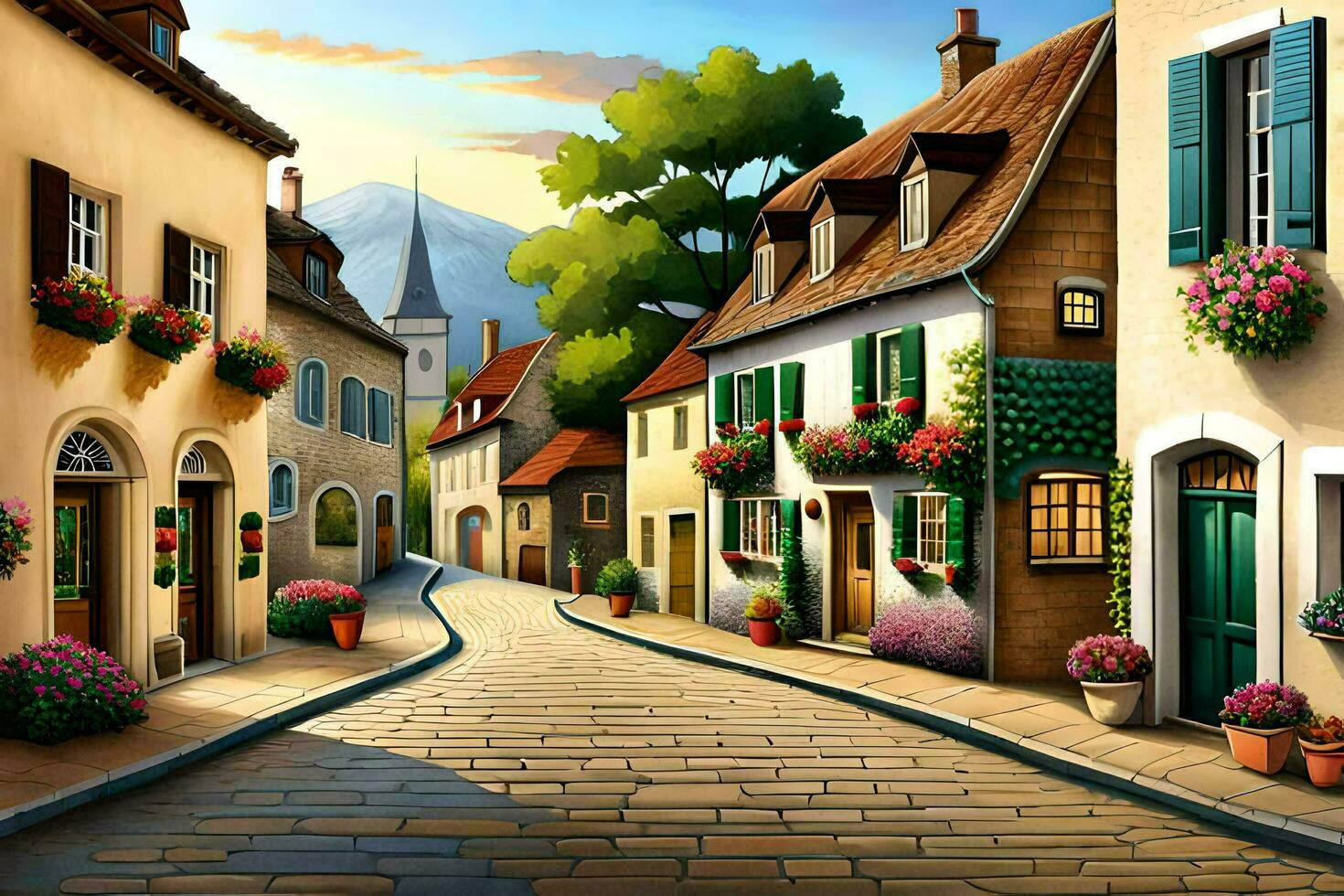 a street in the village with houses and flowers. AI-Generated photo