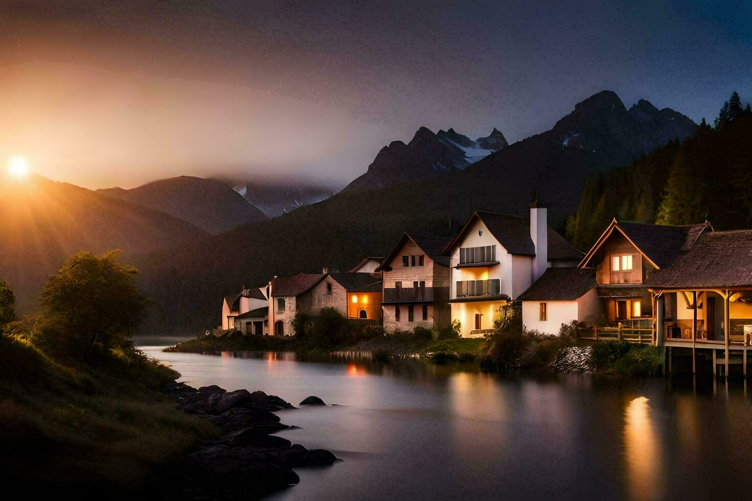 a river and houses in the mountains at sunset. AI-Generated photo