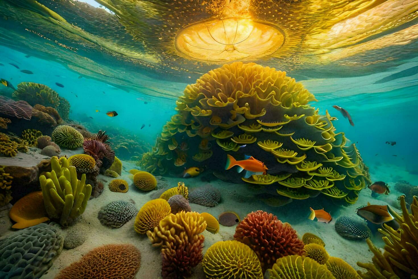 an underwater view of coral reefs and fish. AI-Generated photo