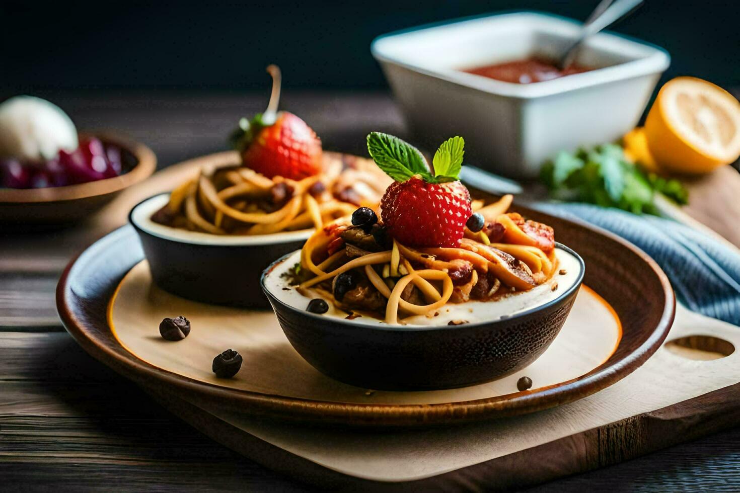 spaghetti with meat sauce and fresh strawberries on a wooden plate. AI-Generated photo