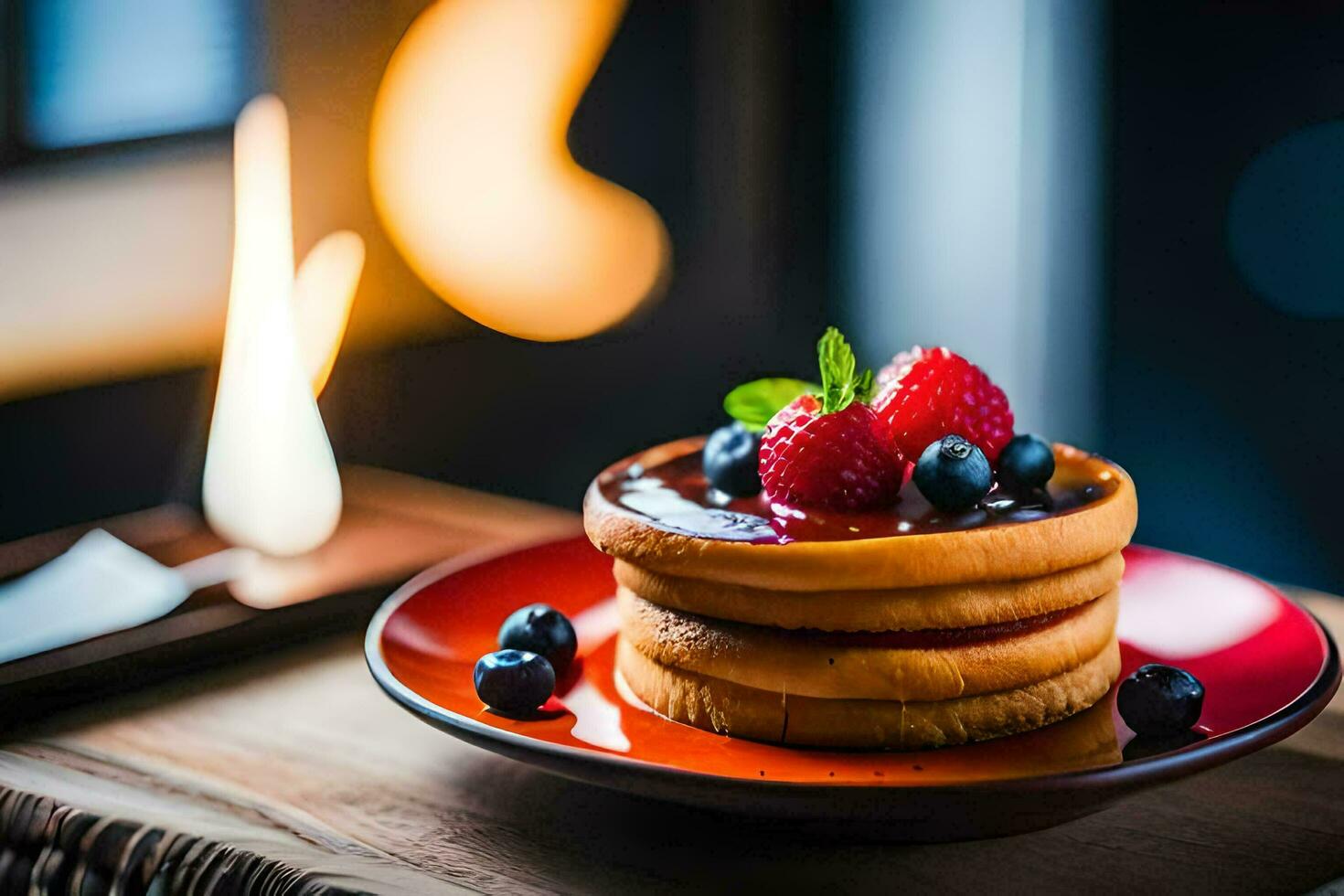 a stack of pancakes with berries and syrup on a plate. AI-Generated photo