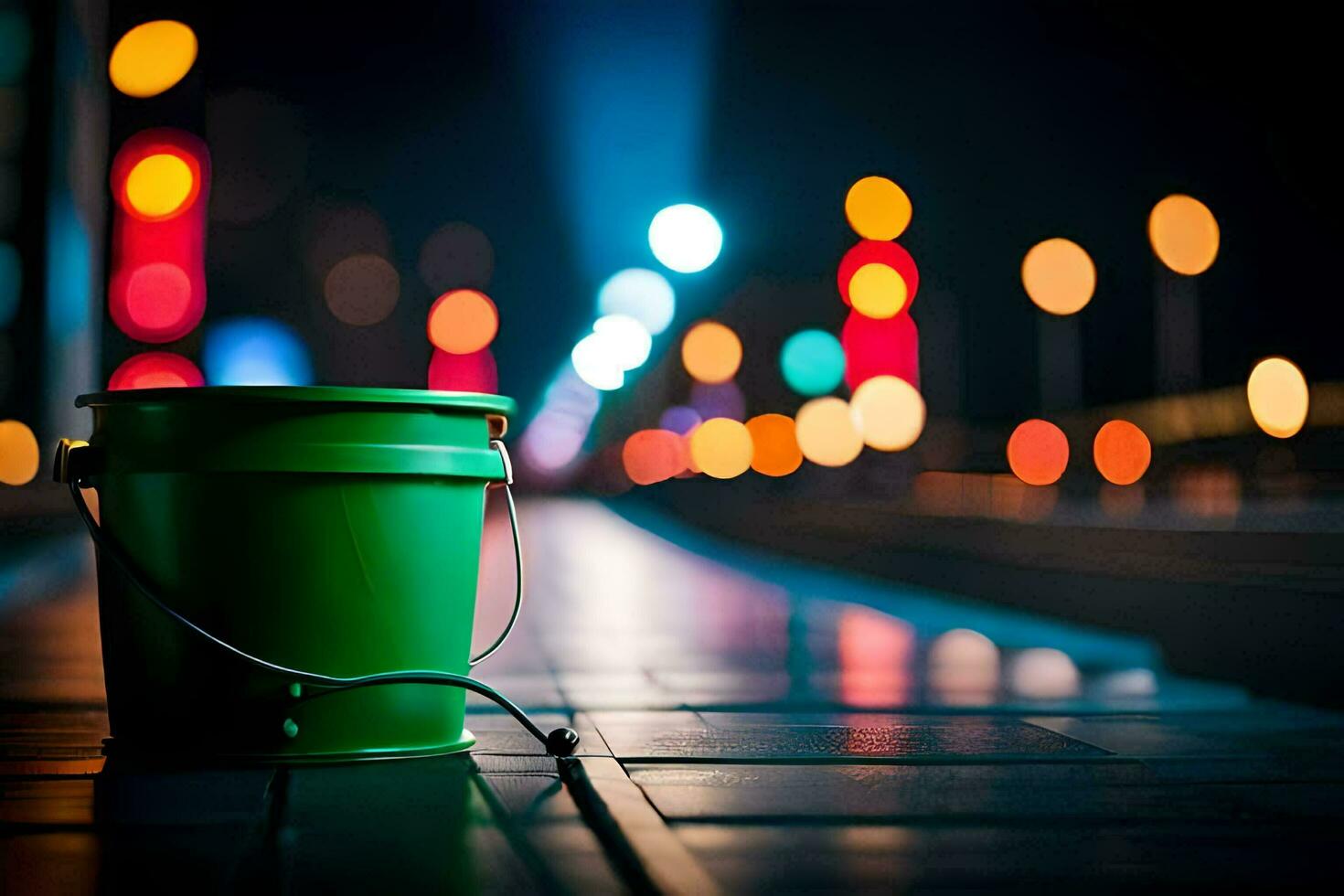 a green bucket sitting on the ground in front of a city street. AI-Generated photo