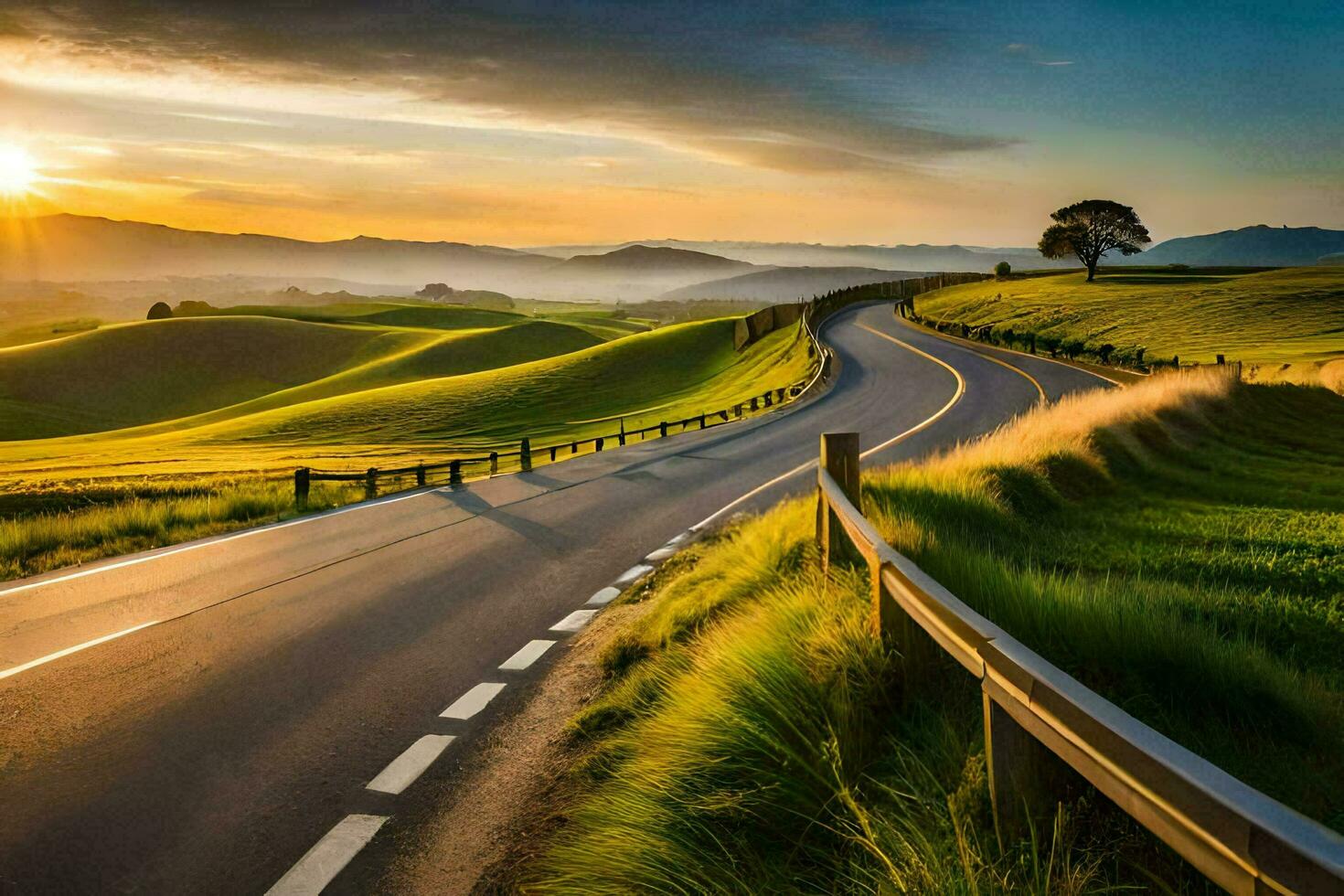 the road to the sunset. AI-Generated photo