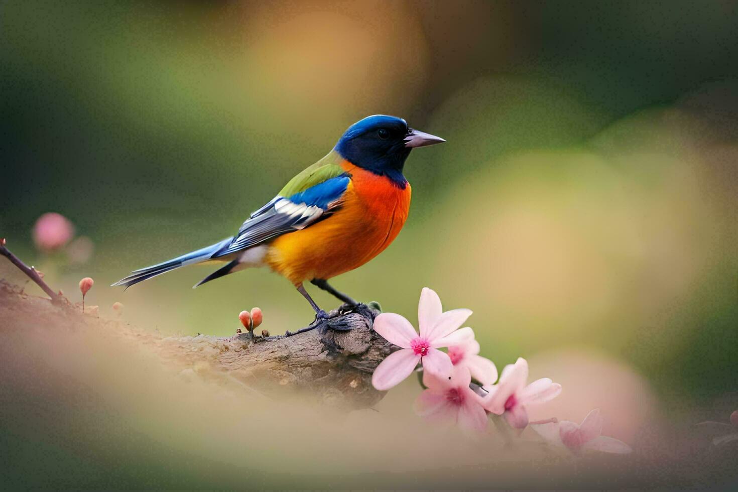 a colorful bird sits on a branch with pink flowers. AI-Generated photo