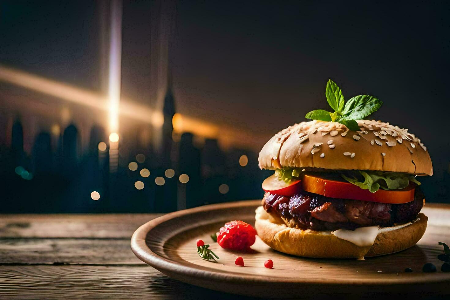 a hamburger with berries and tomatoes on a wooden plate. AI-Generated photo