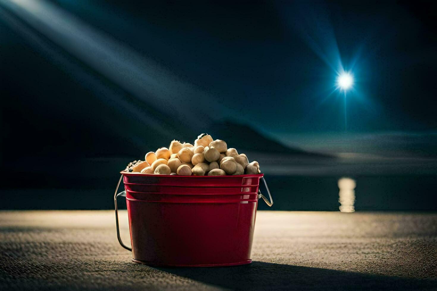 a bucket of popcorn on a table in front of a full moon. AI-Generated photo