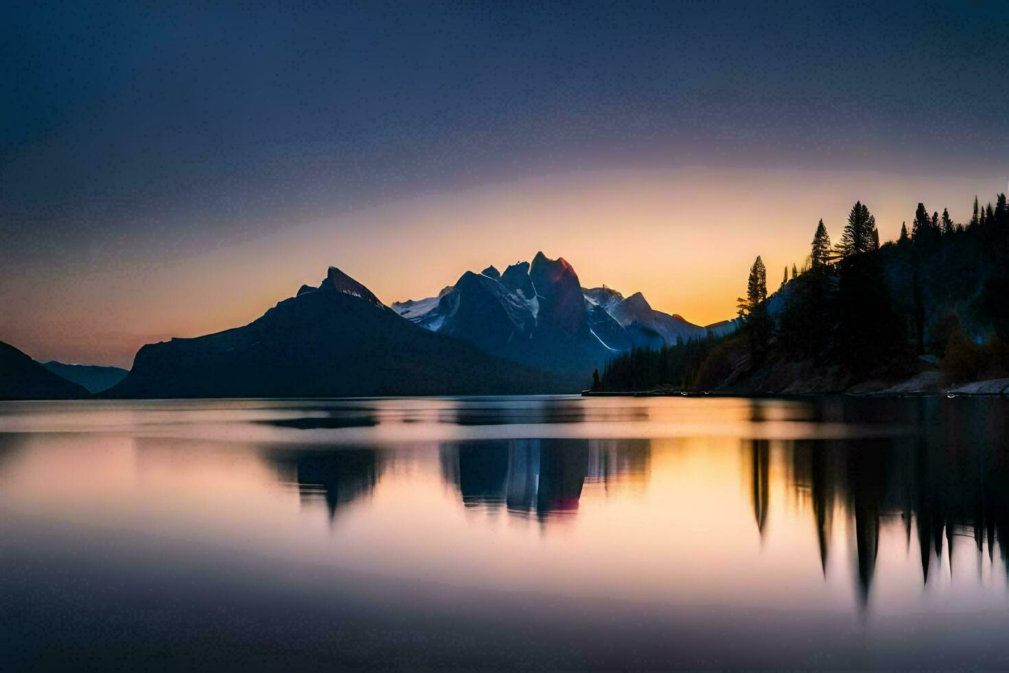 the mountains are reflected in the water at sunset. AI-Generated photo