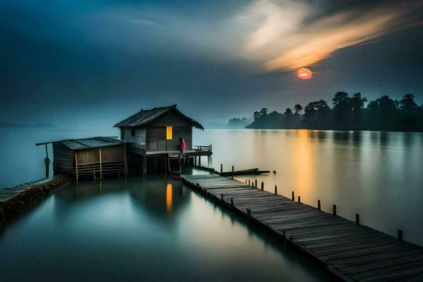 a small wooden house sits on the edge of a lake. AI-Generated photo