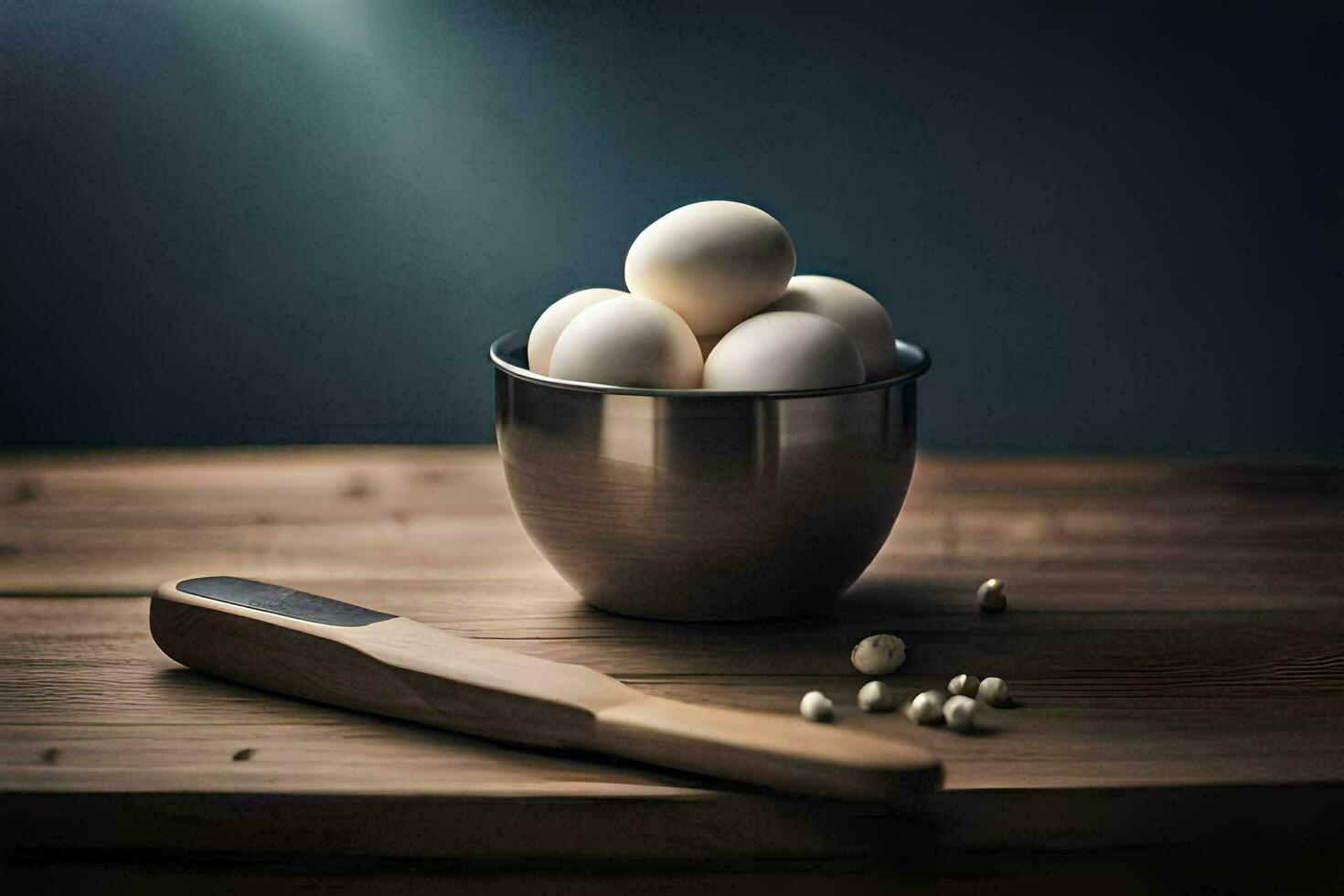 a bowl of eggs and a wooden spoon on a table. AI-Generated photo