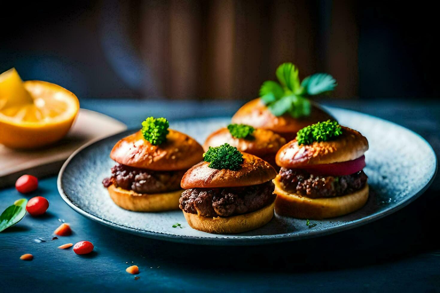 small hamburgers on a plate with an orange slice. AI-Generated photo