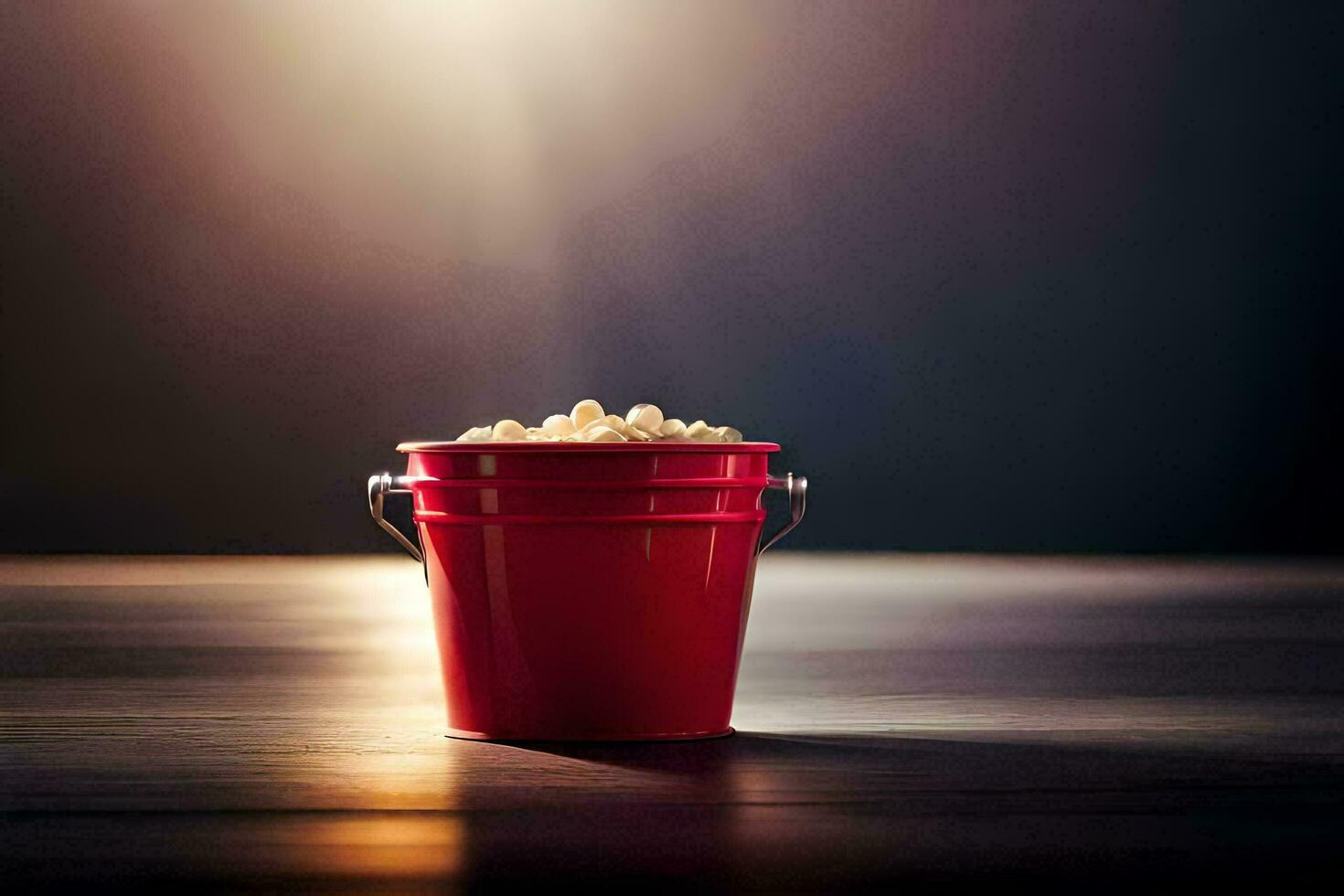 a red bucket with popcorn on a table. AI-Generated photo