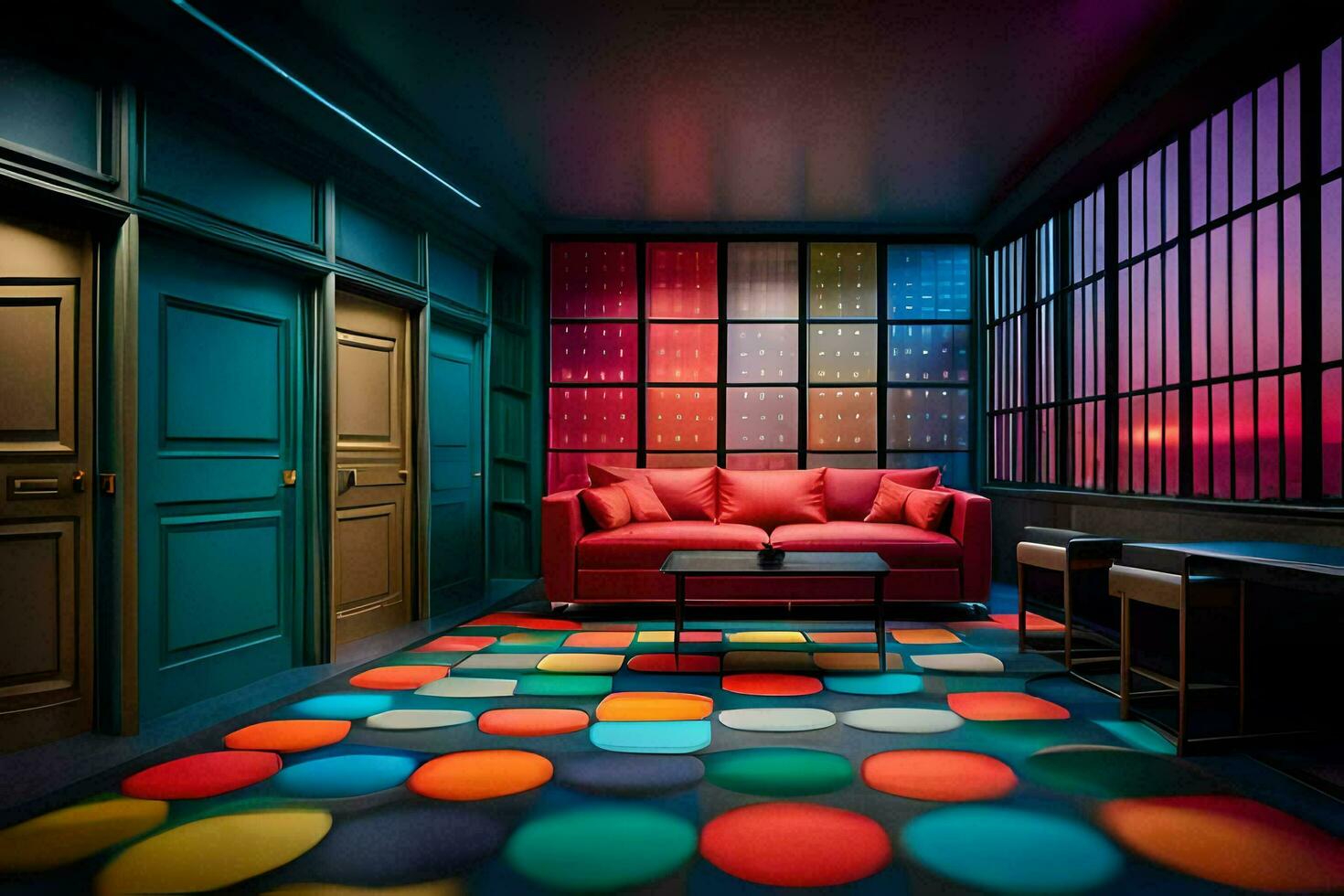 a colorful room with a red couch and colorful polka dots. AI-Generated photo