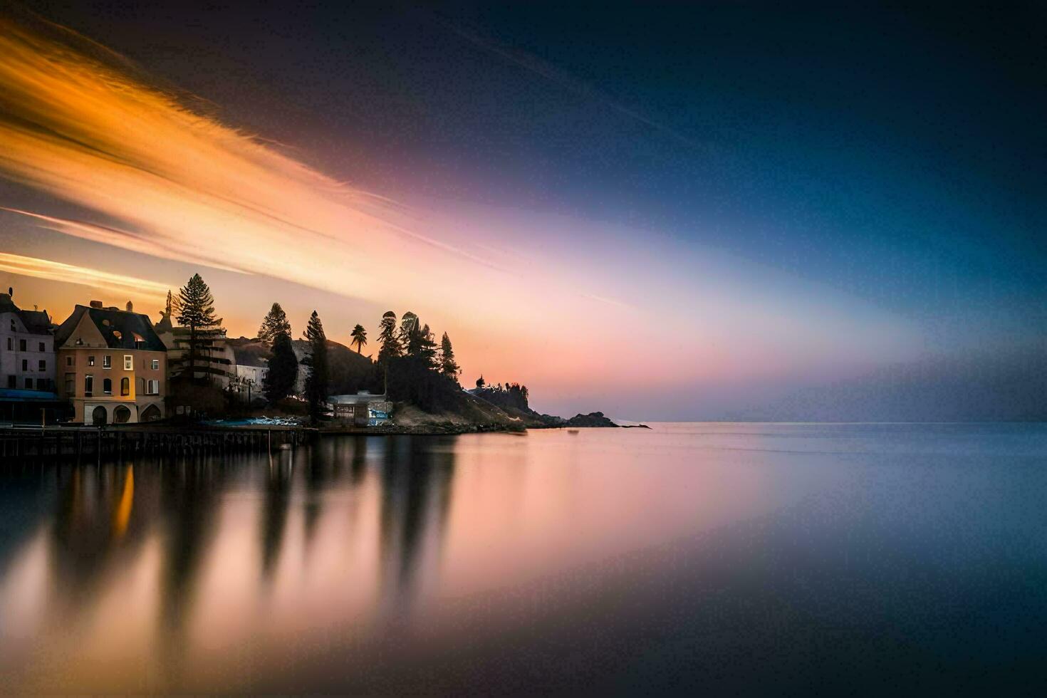 a long exposure photograph of a town on the water. AI-Generated photo