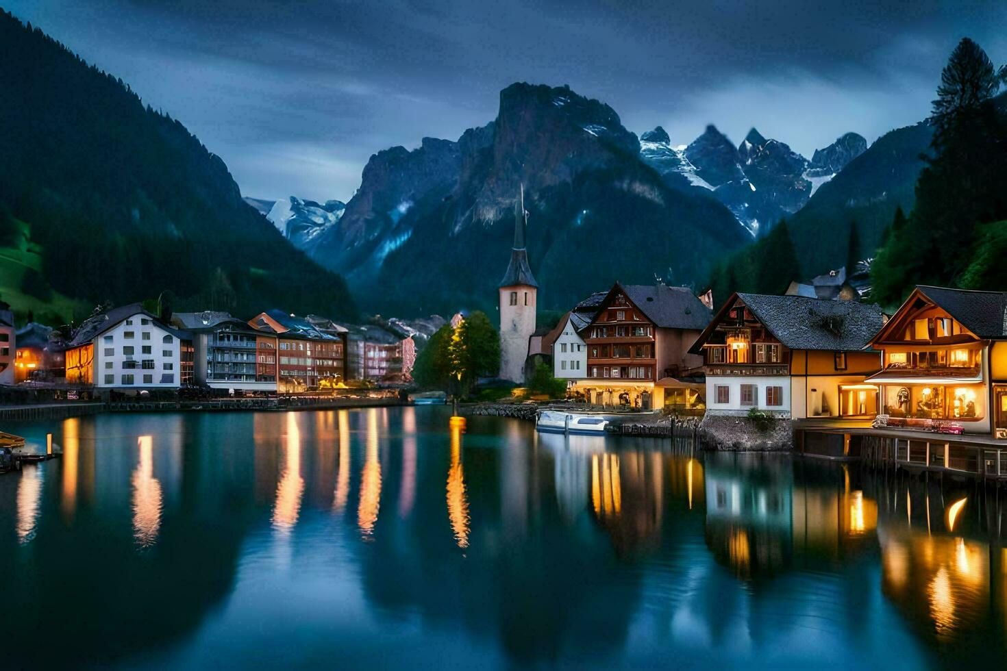 photo wallpaper the sky, mountains, lake, town, house, mountains, water, house,. AI-Generated