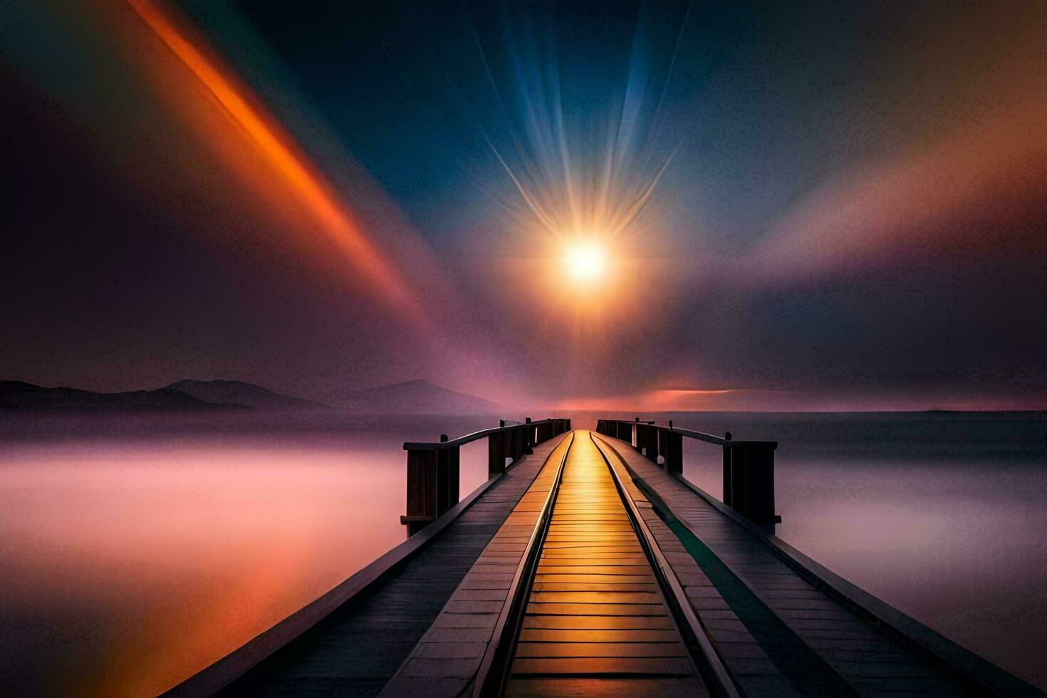 a long pier with a rainbow light shining through it. AI-Generated photo