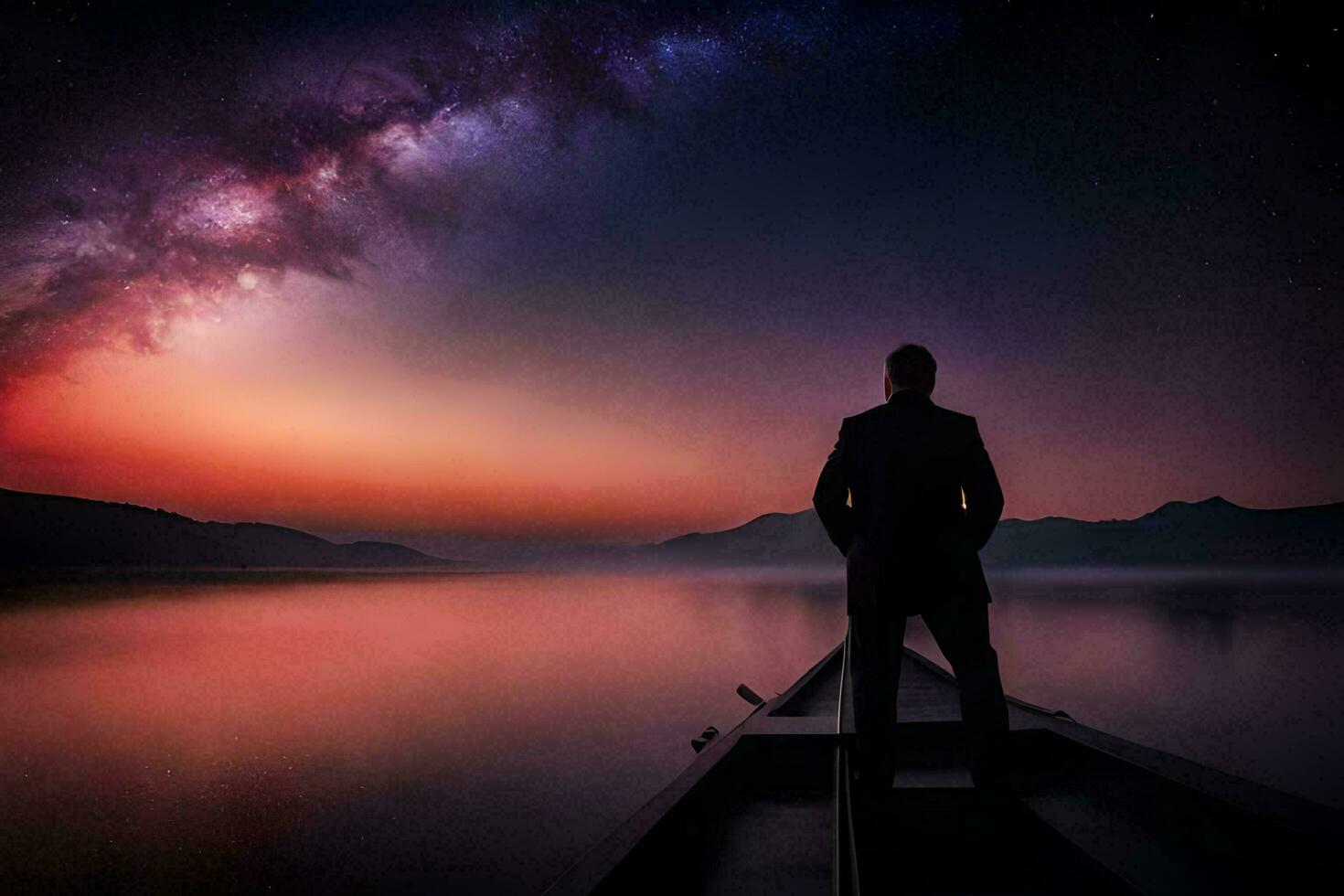 a man stands on a boat looking at the milky. AI-Generated photo