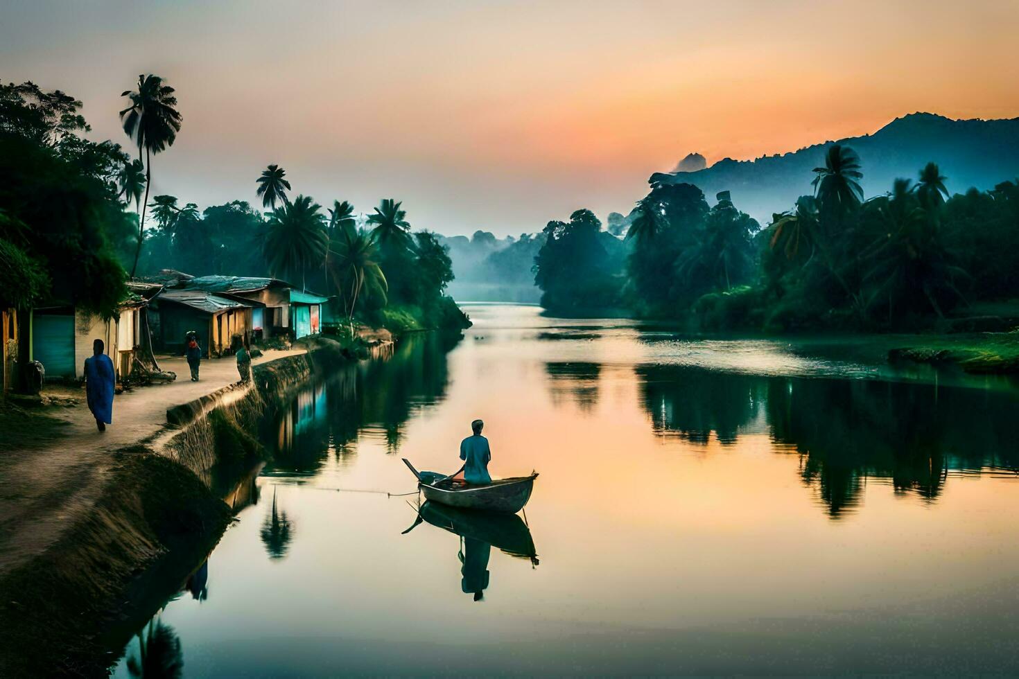 a man in a boat on the river at sunset. AI-Generated photo