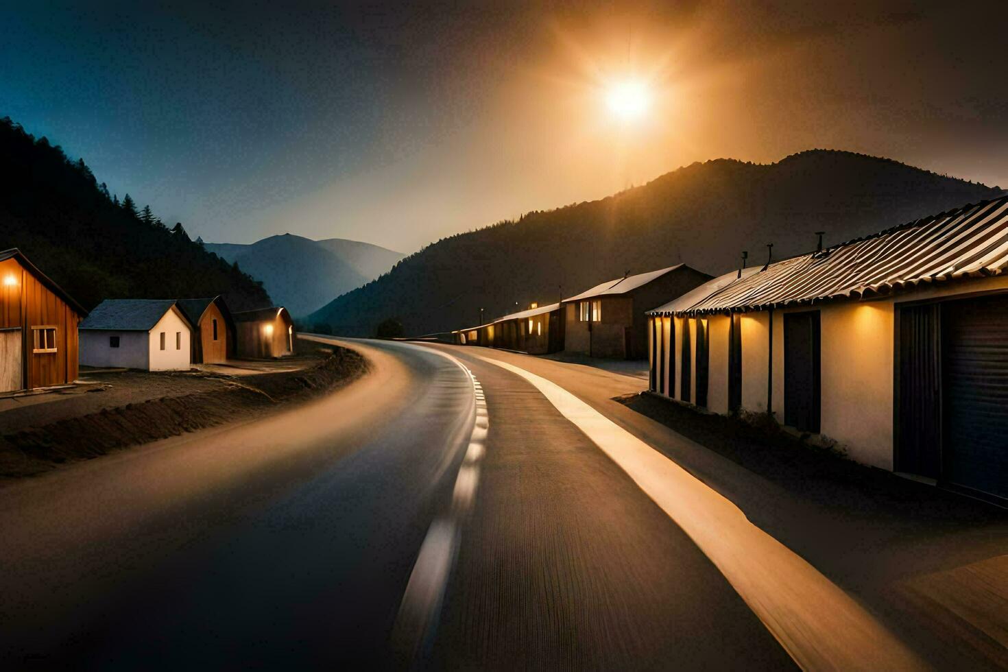 a long exposure photo of a road with houses in the background. AI-Generated