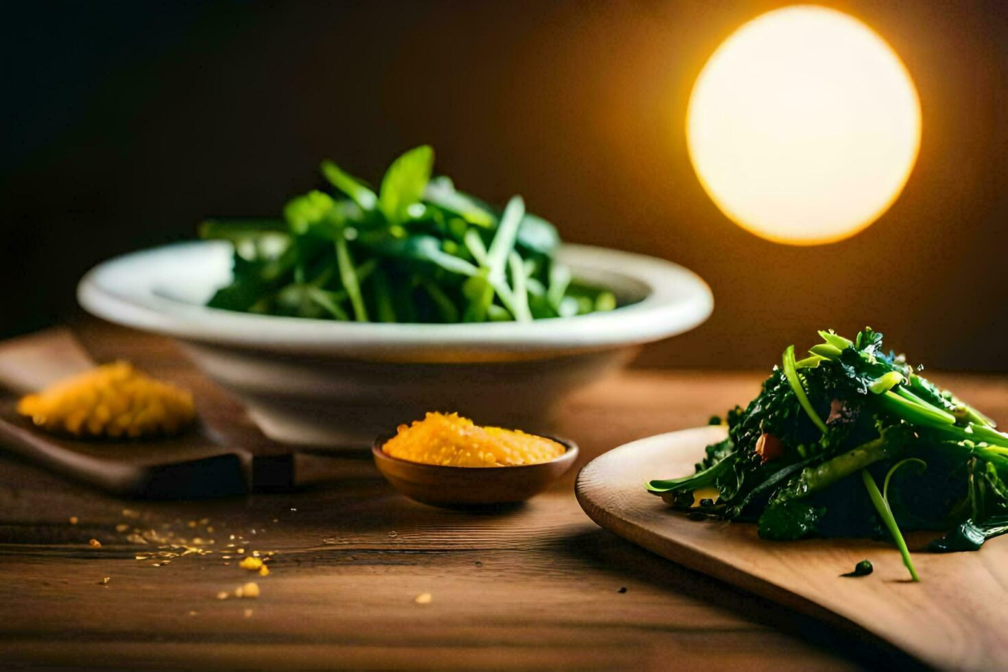 a bowl of greens and a wooden cutting board. AI-Generated photo