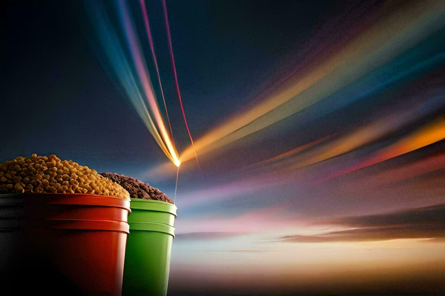 two buckets of food with colorful lights in the background. AI-Generated photo