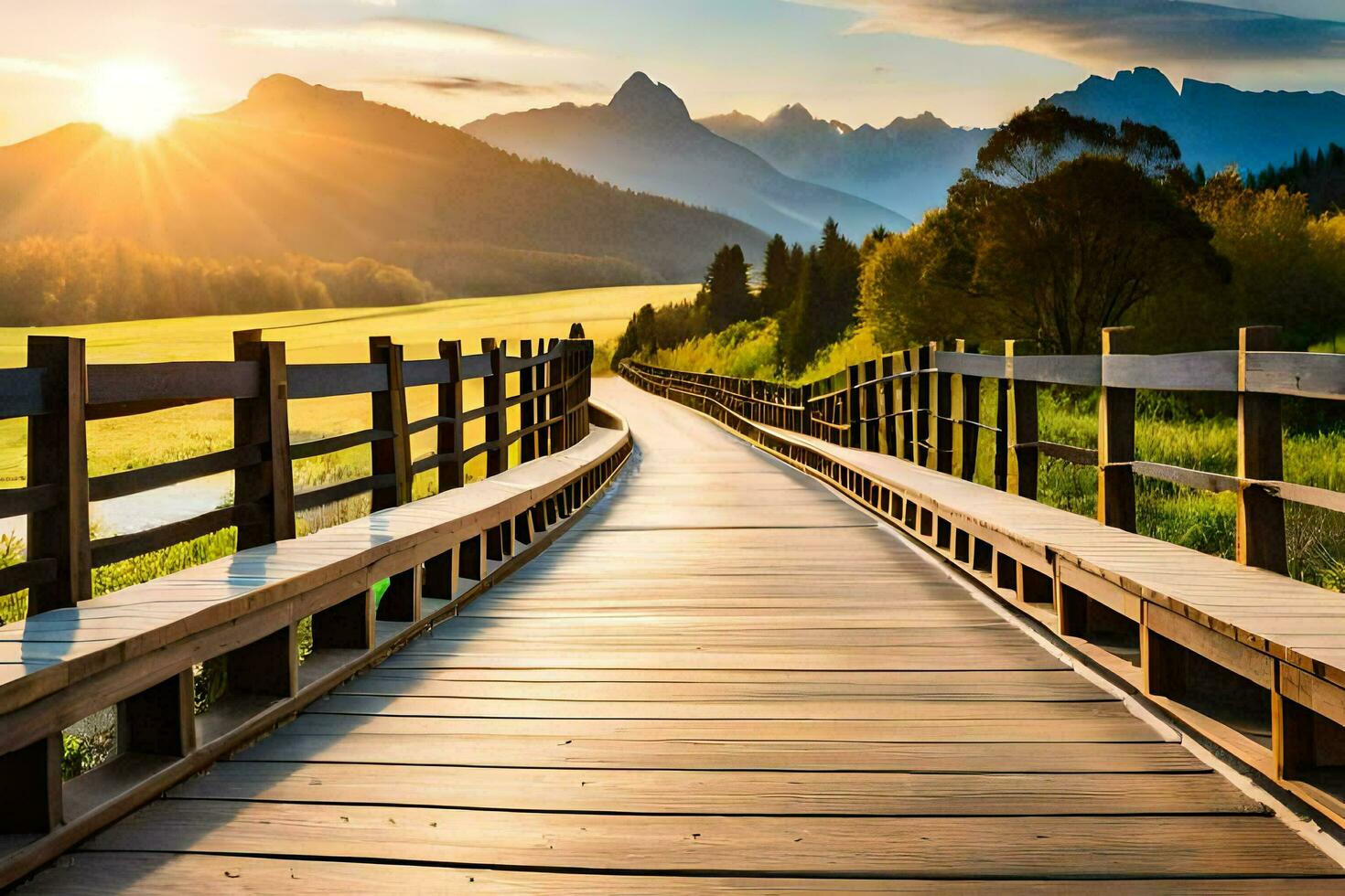 a wooden bridge leads to a mountain range at sunset. AI-Generated photo