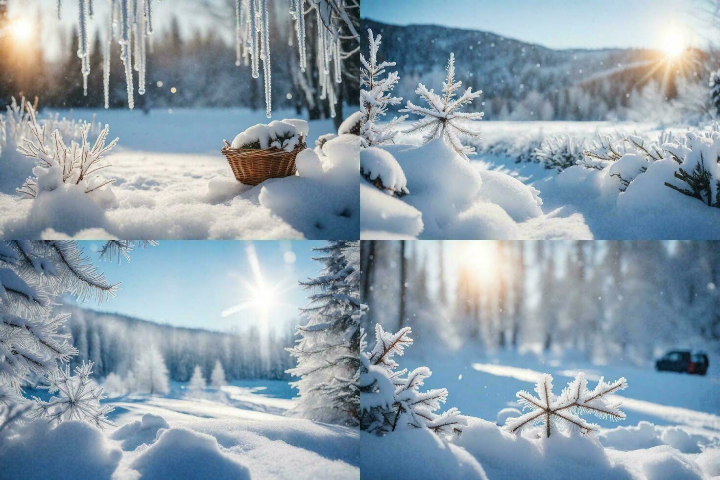 four different pictures of snow covered trees. AI-Generated photo