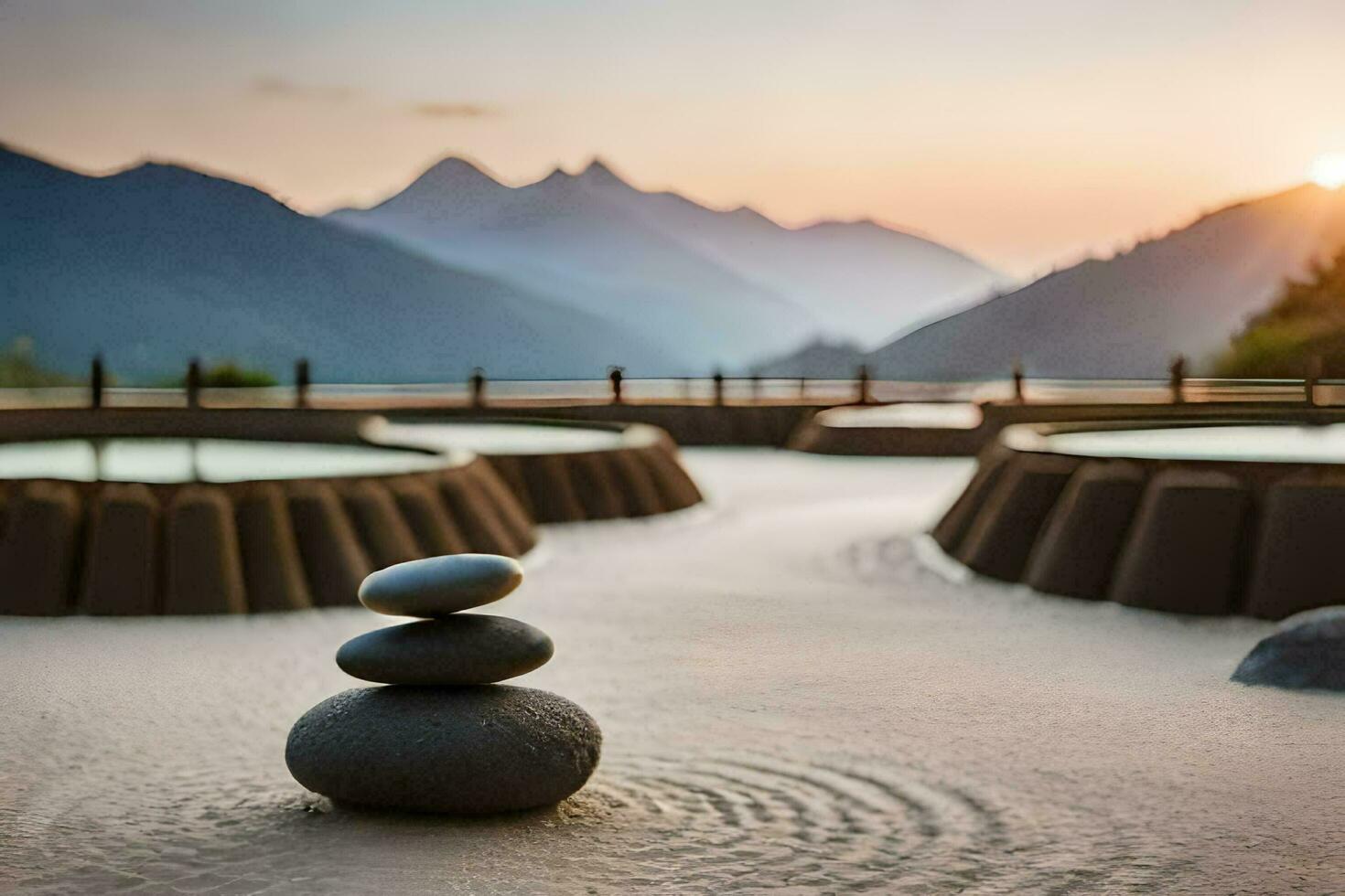 the sun sets over the mountains in the background. AI-Generated photo