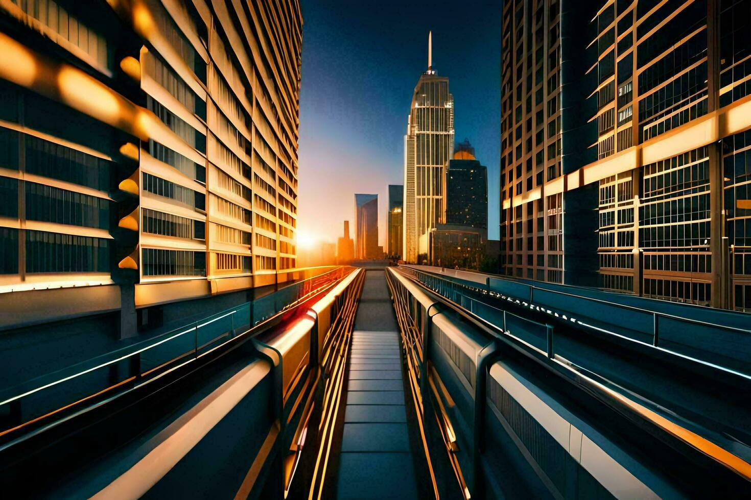 a city skyline with a train going through it. AI-Generated photo