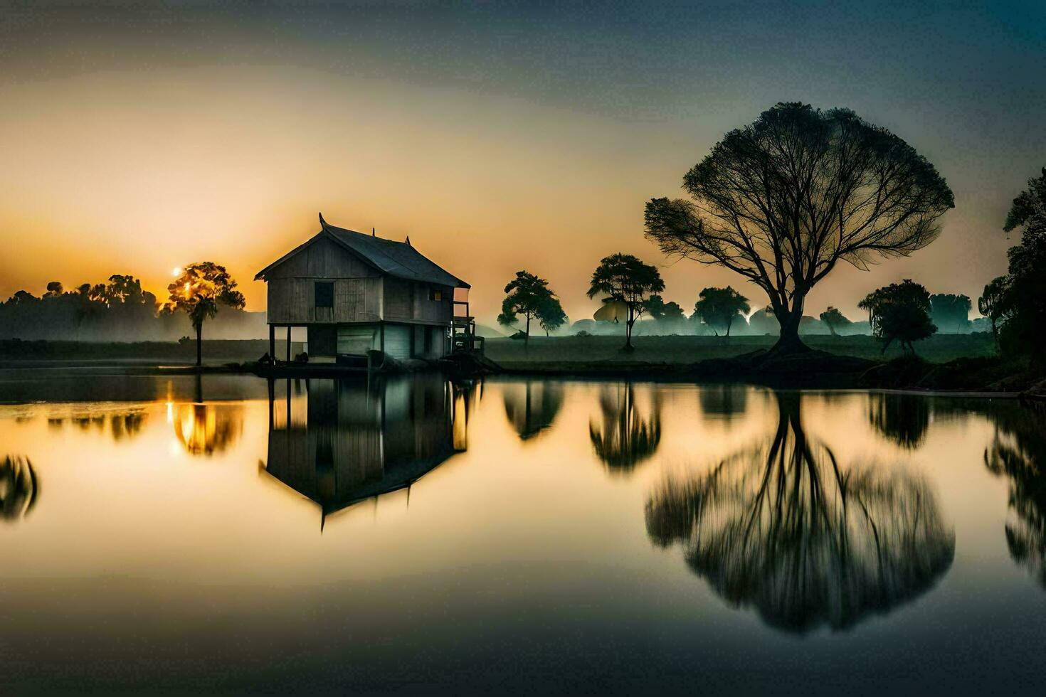 a house sits on the edge of a lake at sunset. AI-Generated photo