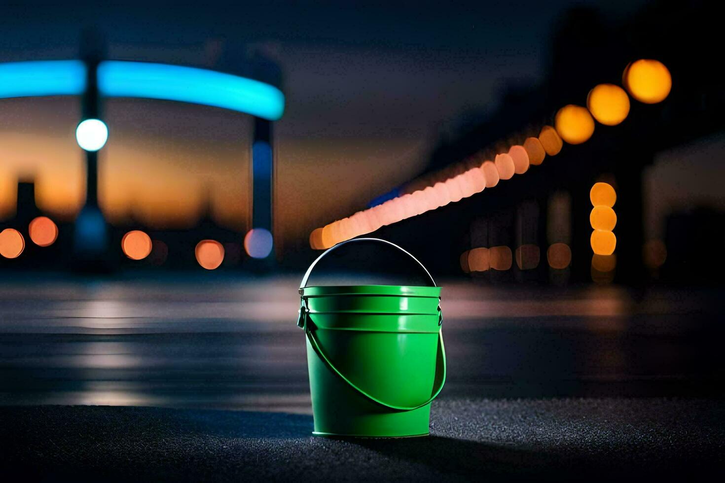 a green bucket sits on the ground in front of a bridge. AI-Generated photo
