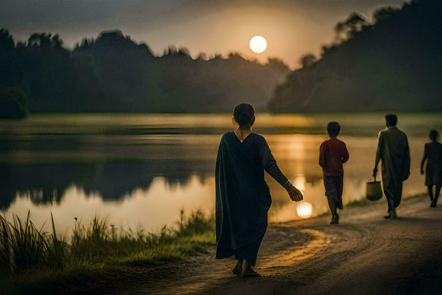 three people walking along a path near a lake. AI-Generated photo