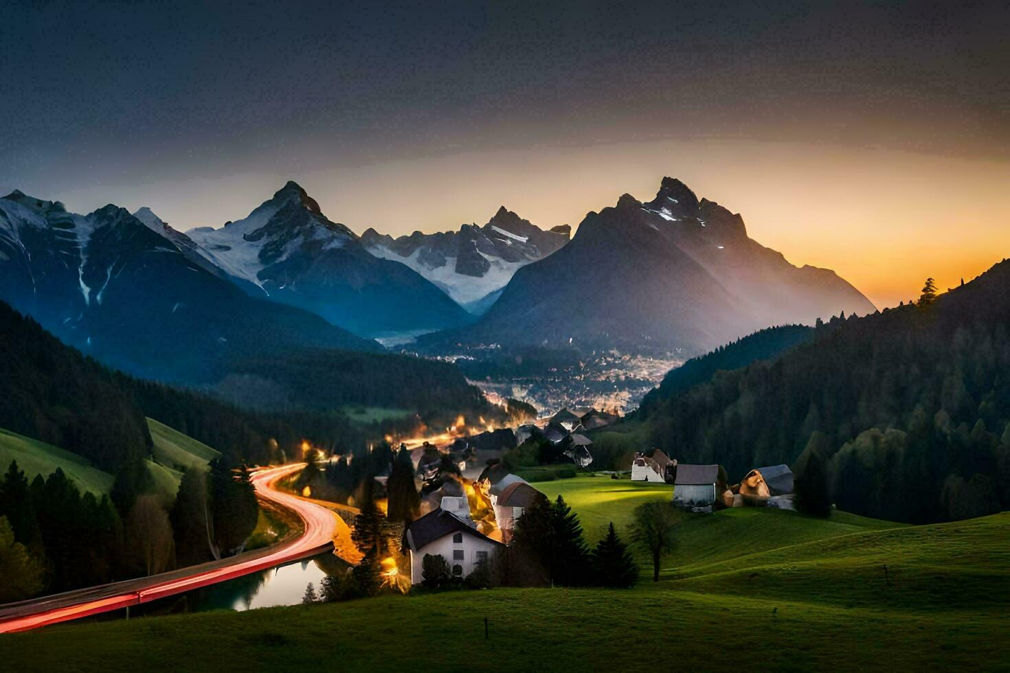 un la carretera devanado mediante el montañas a puesta de sol. generado por ai foto