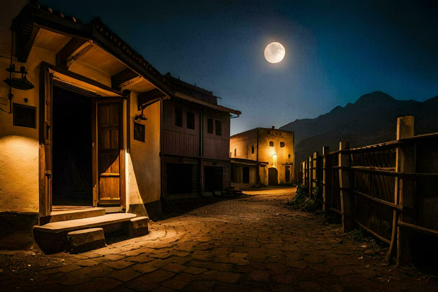 a moonlit street with a house and a light shining on it. AI-Generated photo