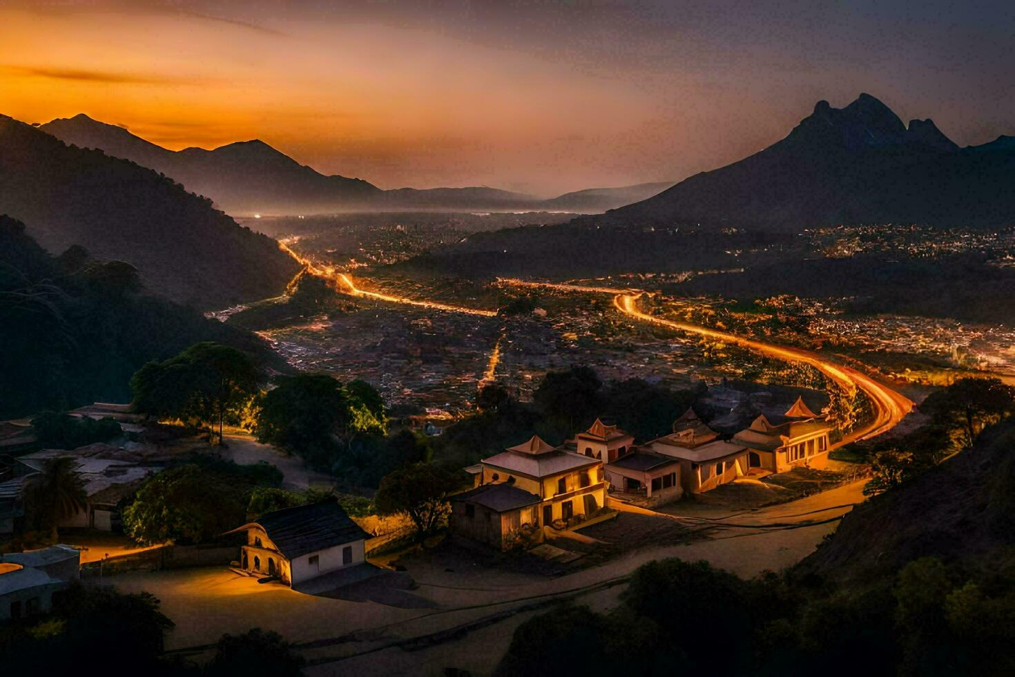 foto fondo de pantalla el cielo, montañas, ciudad, noche, el ciudad, el ciudad, el ciudad. generado por ai