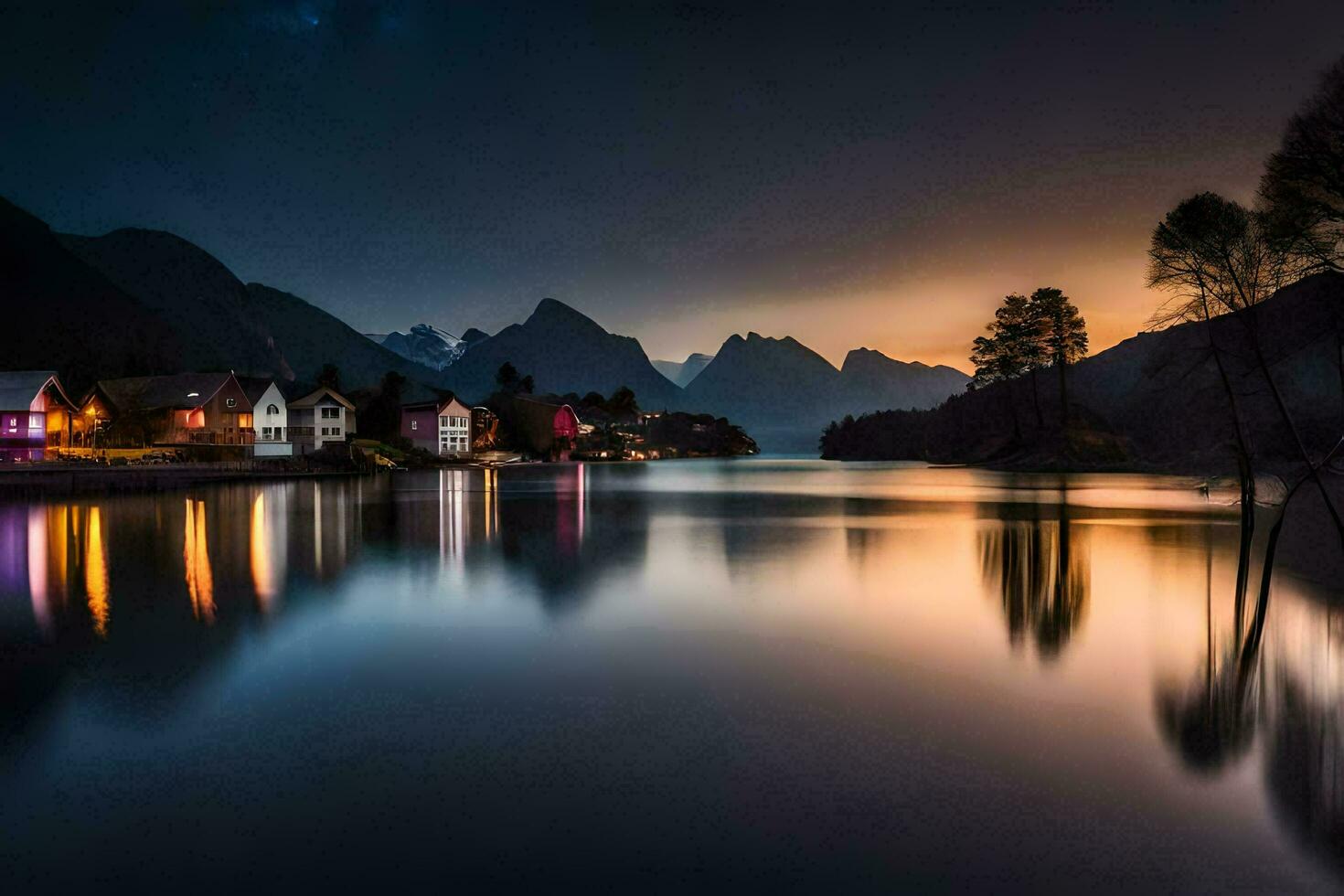 un lago y montañas a noche. generado por ai foto