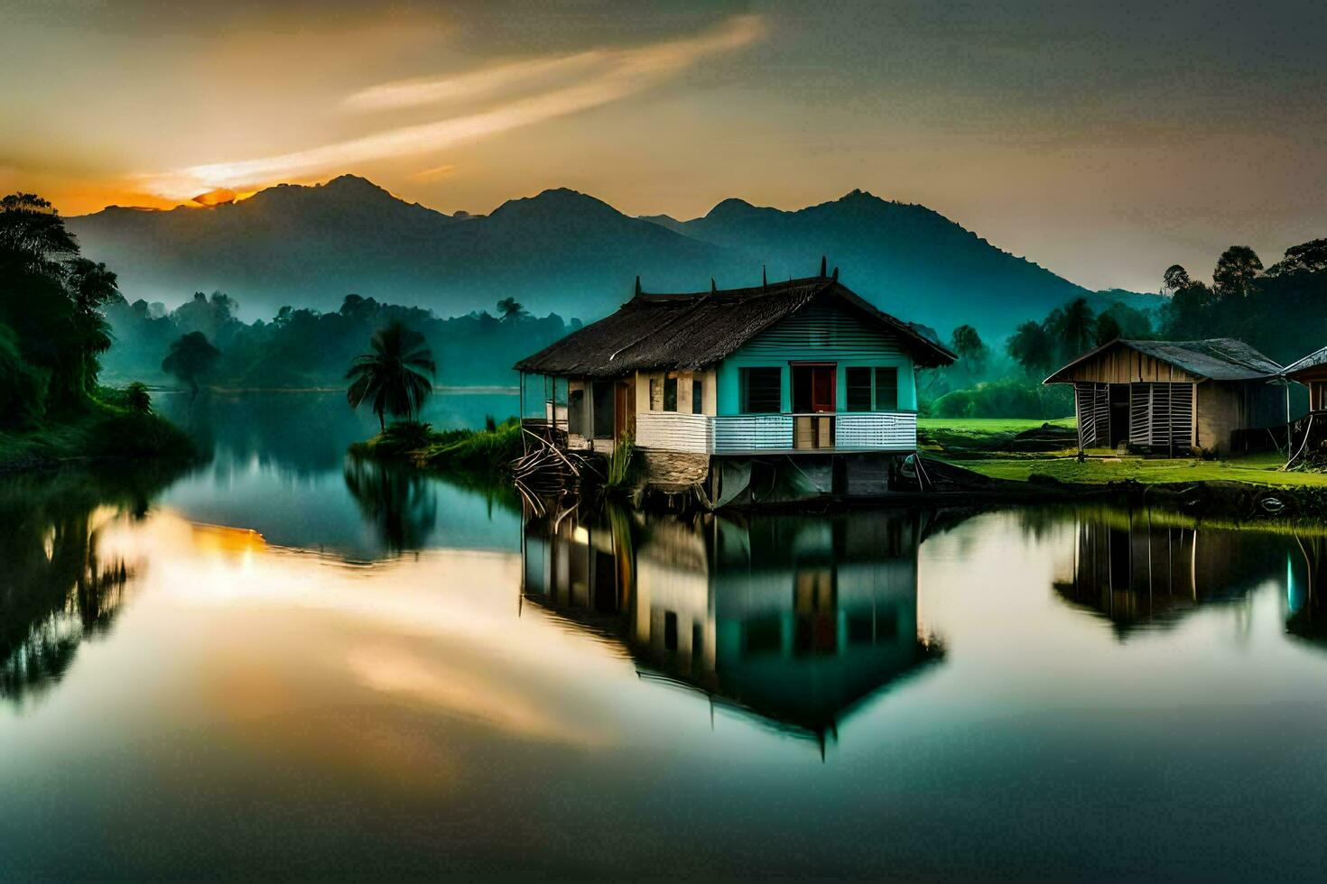 photo wallpaper the sky, mountains, water, house, the house, the house, the house. AI-Generated