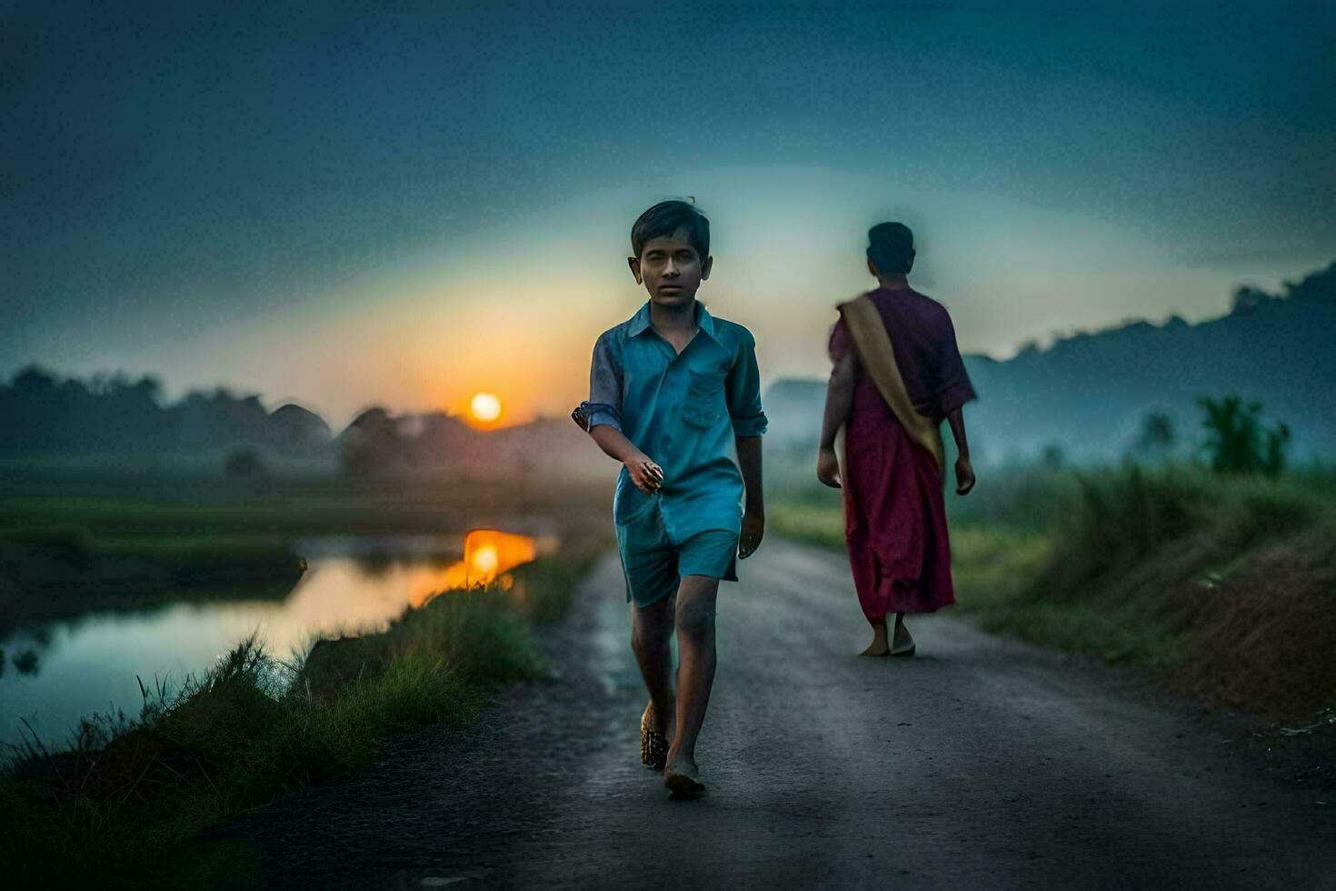 two children walking down a road at sunset. AI-Generated photo