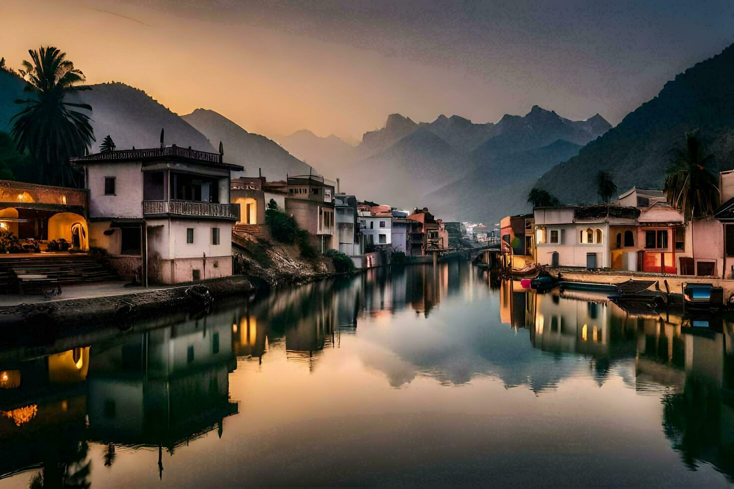 a river in the mountains with houses and mountains in the background. AI-Generated photo