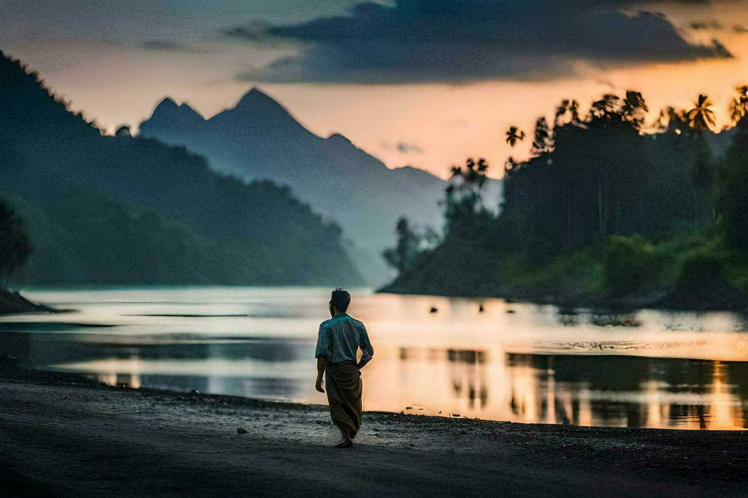 a man walking along the shore of a river at sunset. AI-Generated photo