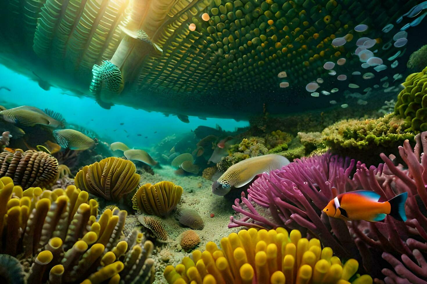 a coral reef with anemones and clown fish. AI-Generated photo