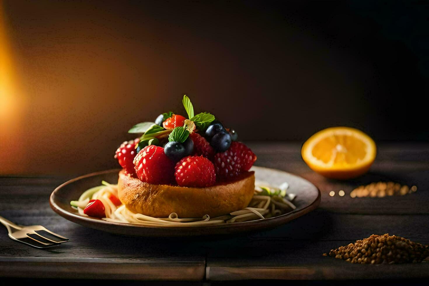 the food is served on a plate with a fork and a slice of lemon. AI-Generated photo