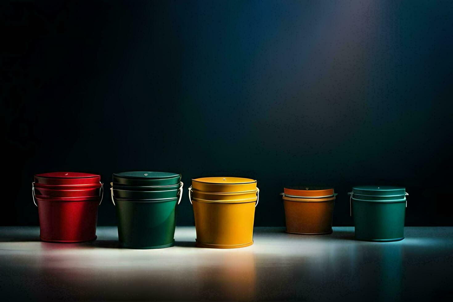 colorful buckets on a dark background. AI-Generated photo